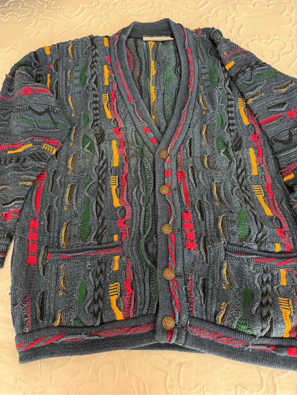 COOGI Blue Multicolor Shawl-Collar Cable Cardigan with Bold Accents - Picture 4 of 5